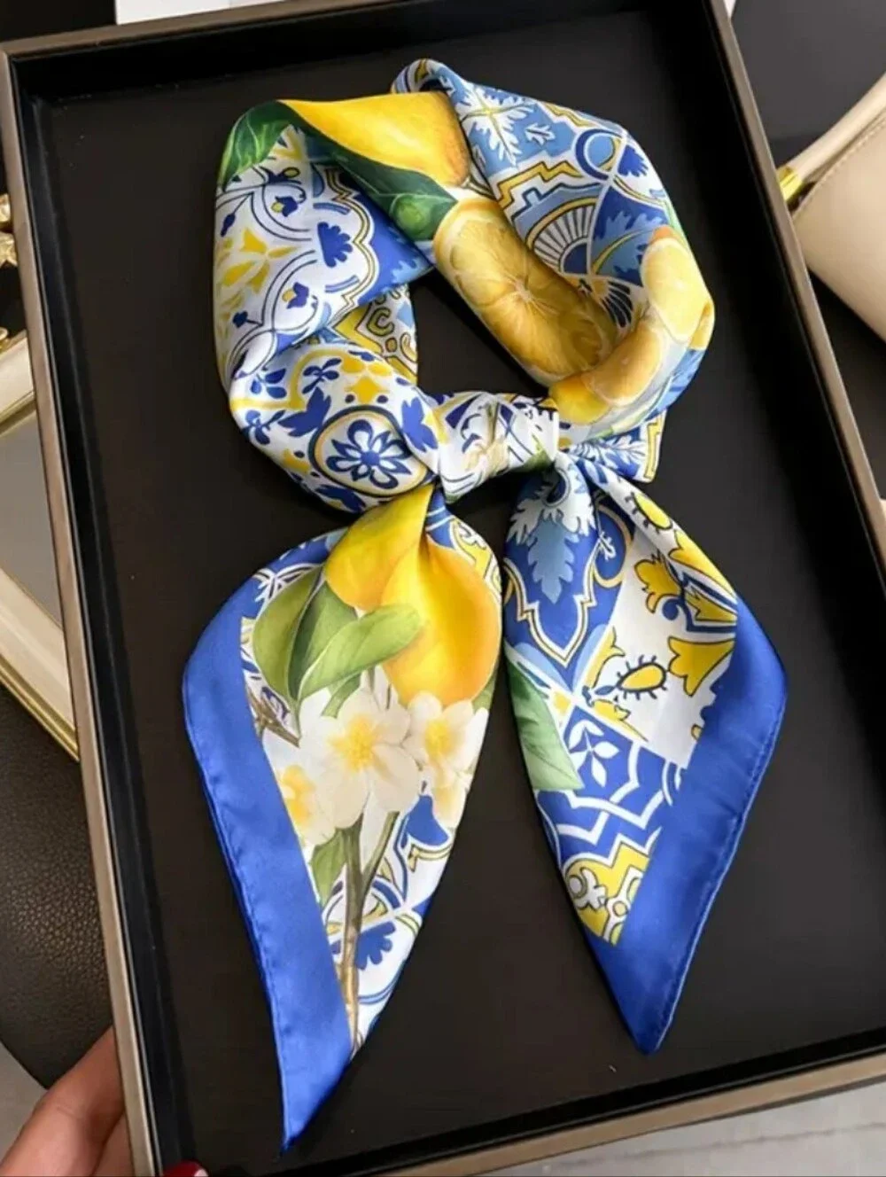 Silk'-Feel Blue & Yellow Lemon Print Scarf Women Head Scarf, Neck Scarf